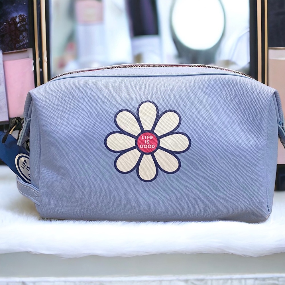 Life Is Good Light Blue Daisy Cosmetic Makeup Bag Travel Pouch